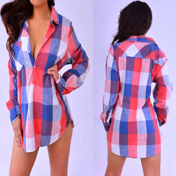 Merona Blue Red Dotted Checkered Shirt Top Blouse L Large - Picture 3 of 7